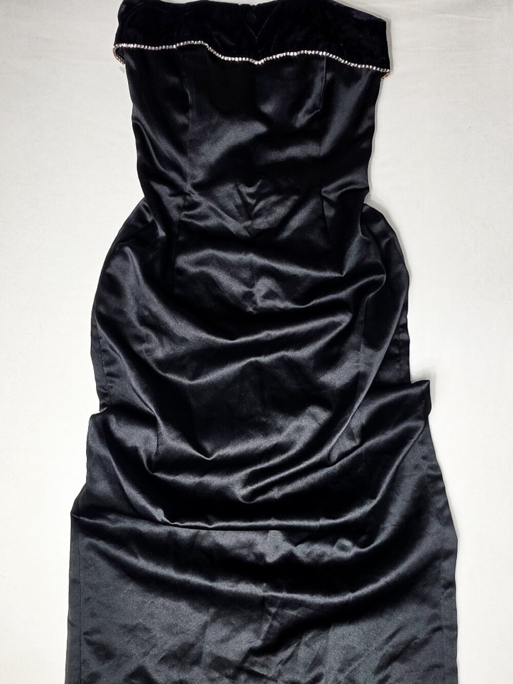 Size 8 Vintage scott McClintock strapless black satin runched dress rhinestones